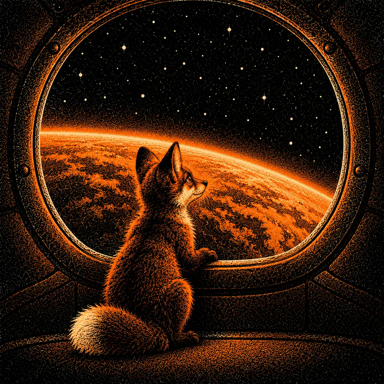 The fox watches a glowing planet through the saucer's round window