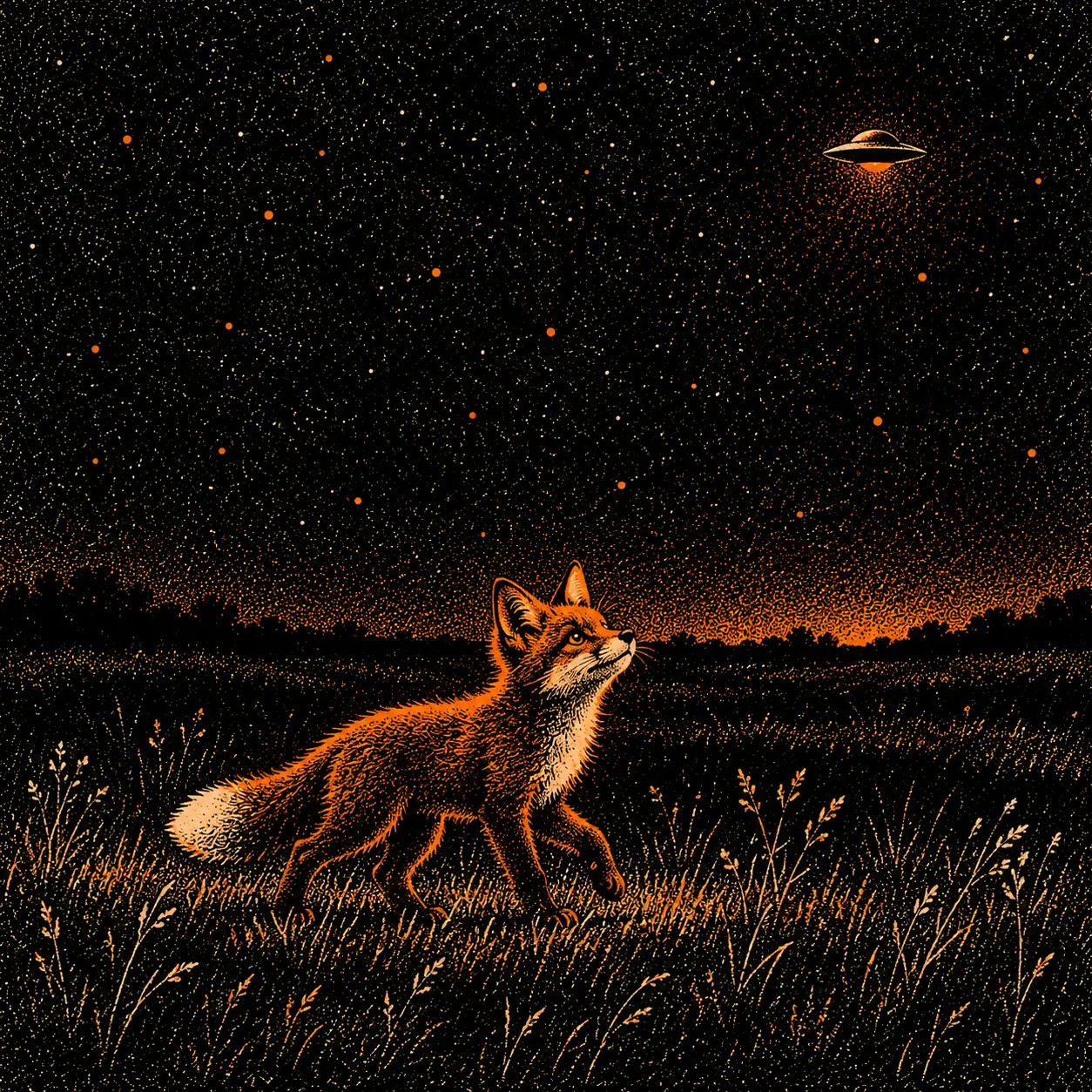 The fox notices a tiny saucer while walking through the night meadow