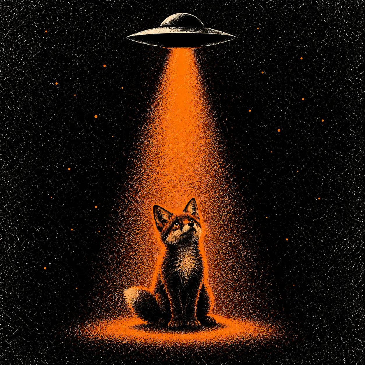 A little fox gazes at a flying saucer inside a grainy orange beam
