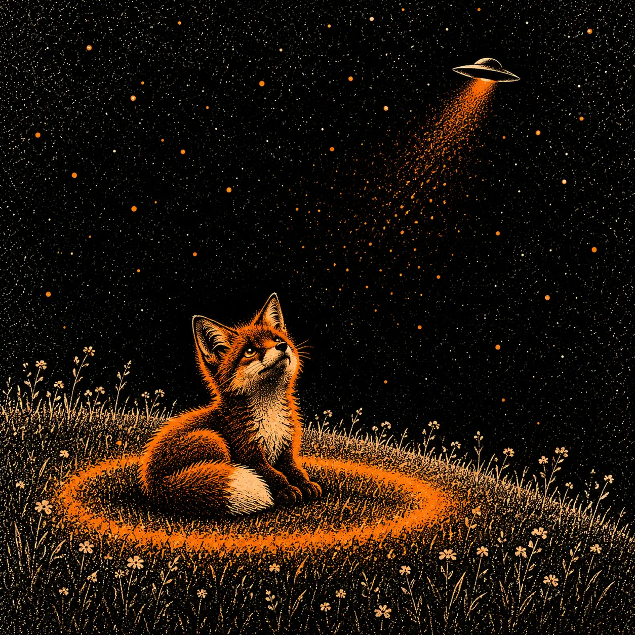 The fox rests inside a glowing ring in the meadow as the saucer leaves