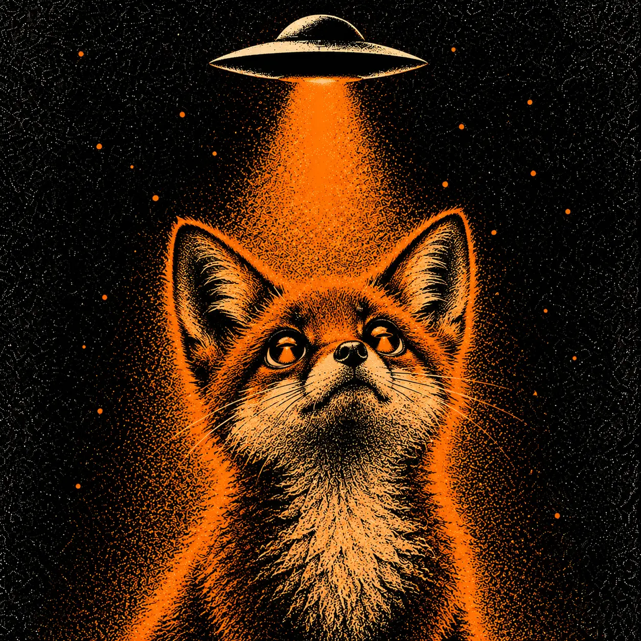 Orange light fills the fox's wide eyes