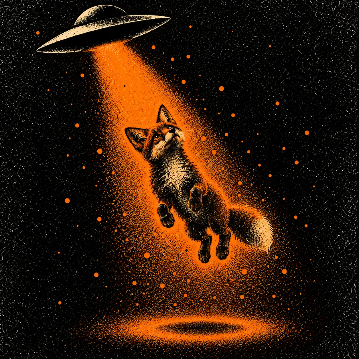 The fox floats in the orange beam with paws and tail suspended